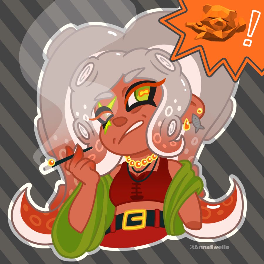 A lined halfbody drawing of @hummingbee's OC looking annoyed towards the viewer. She holds a smoking pipe that smoke is streaming out of. In the top right corner is an icon of Mr. Grizz with a !, inside a emphasized bubble