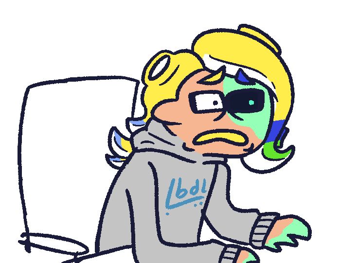 A drawn over reaction image of Cerise sitting at a desk. He’s looking at something off screen and looks incredibly distraught.
