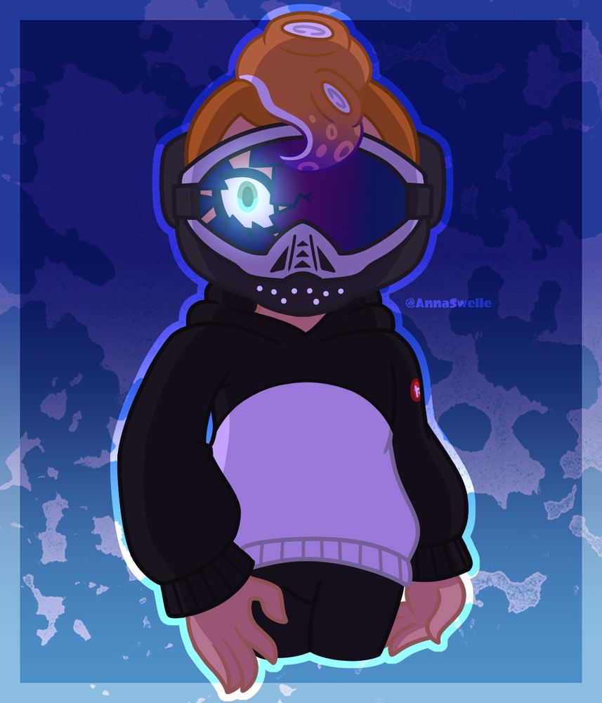 A digital drawing of @oswaldmarcrogers's octoling OC intimidatingly staring at the viewer with most of their face covered by goggles/a facemask. The left side of the goggles are cracked and show the character's glowing eye. The character is mostly under shadow with a slight light source behind them. 