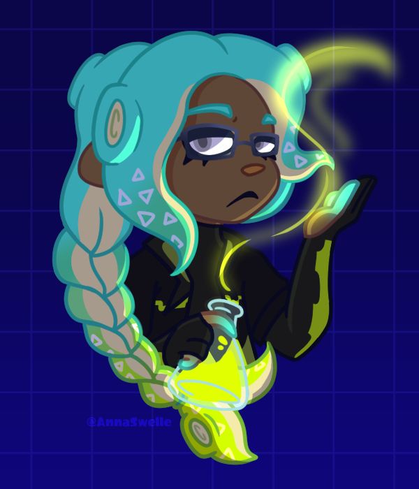 A lined drawing of @fizzybombz's OC looking to the side while holding up a beaker of fluid. Their hand traces the fumes coming from the beaker. There is moody rim lighting and glow effects