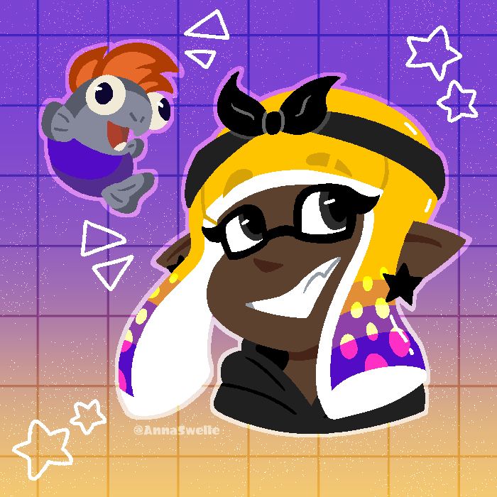 A lineless bust shot drawing of @agentalyx4's OC smiling at the viewer, with their smallfry companion excitedly smiling beside them.