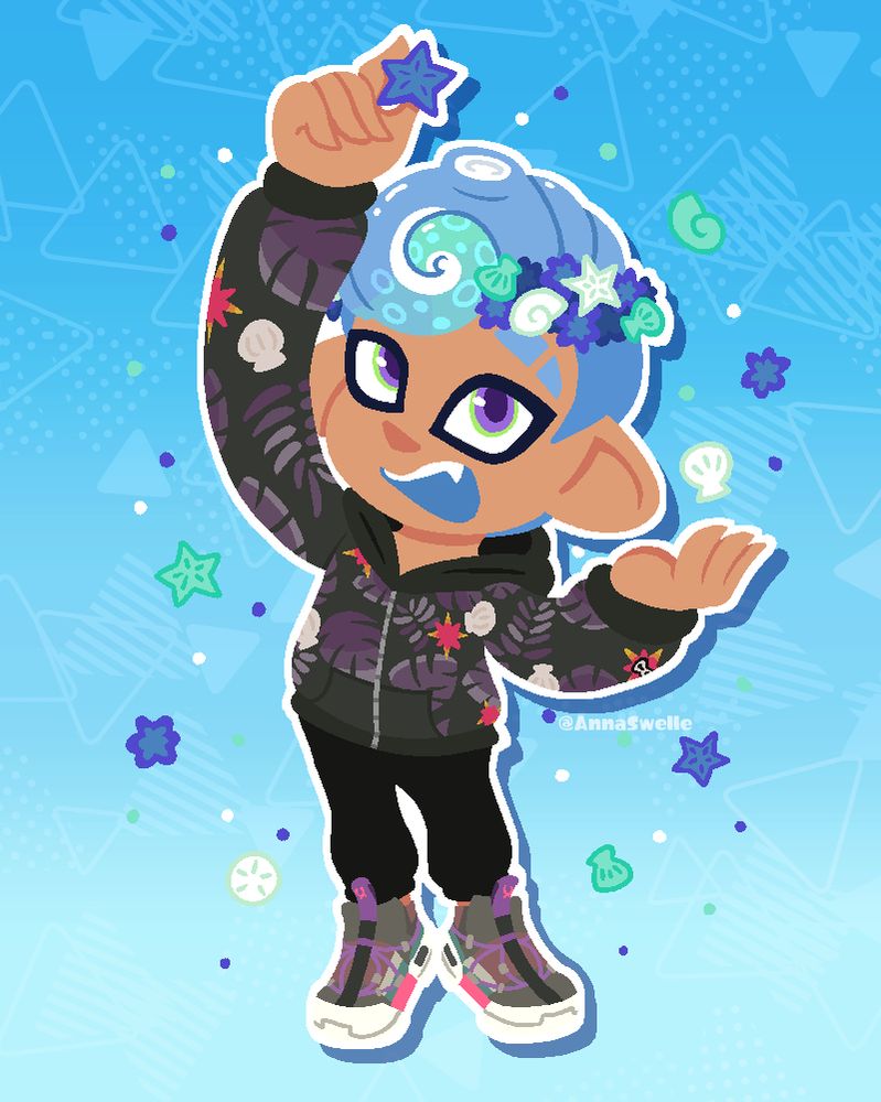 A lineless drawing of @mera450.bsky.social‬'s OC from a top down angled perspective. They are reaching up to grab pieces of the Coral Wreath with an open smile.