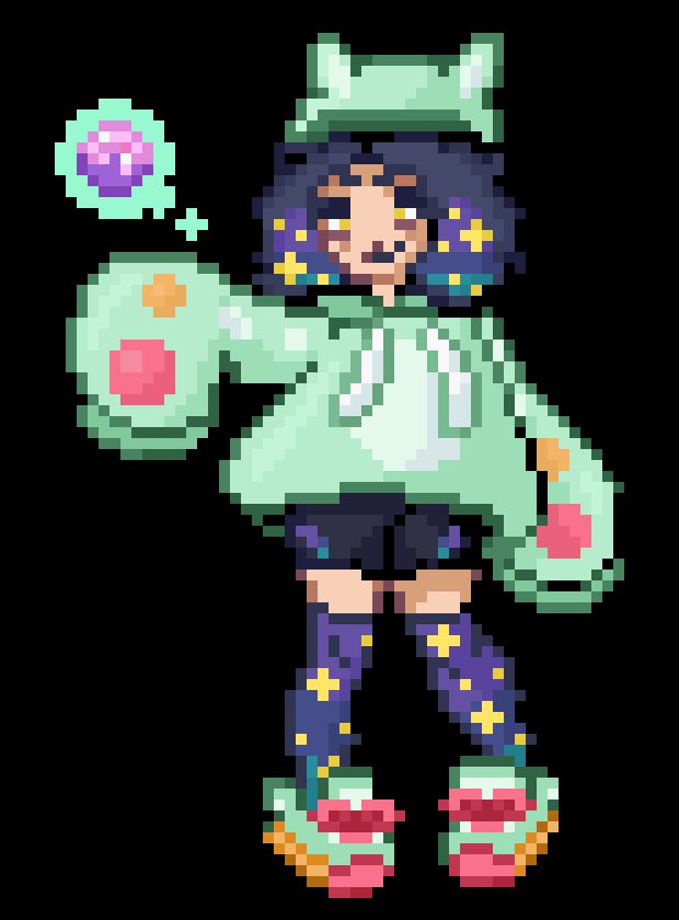 A pixel sprite in the style of Generation 5 pokemon of my gym trainer oc. She has a hoodie, beanie, and shoes referencing Reuiniclus, and a starry pattern in her hair and on her leggings. Her hoodie is oversized so her hands are not seen as she holds up a dream ball with her psychic abilities. She has a sleepy expression on her face.