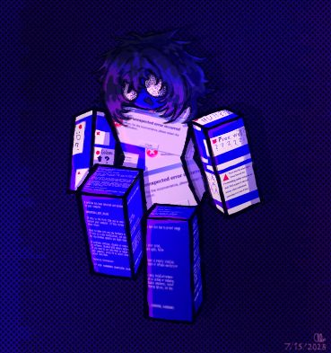 Glitch floats in a blue void, just happy to be alive.