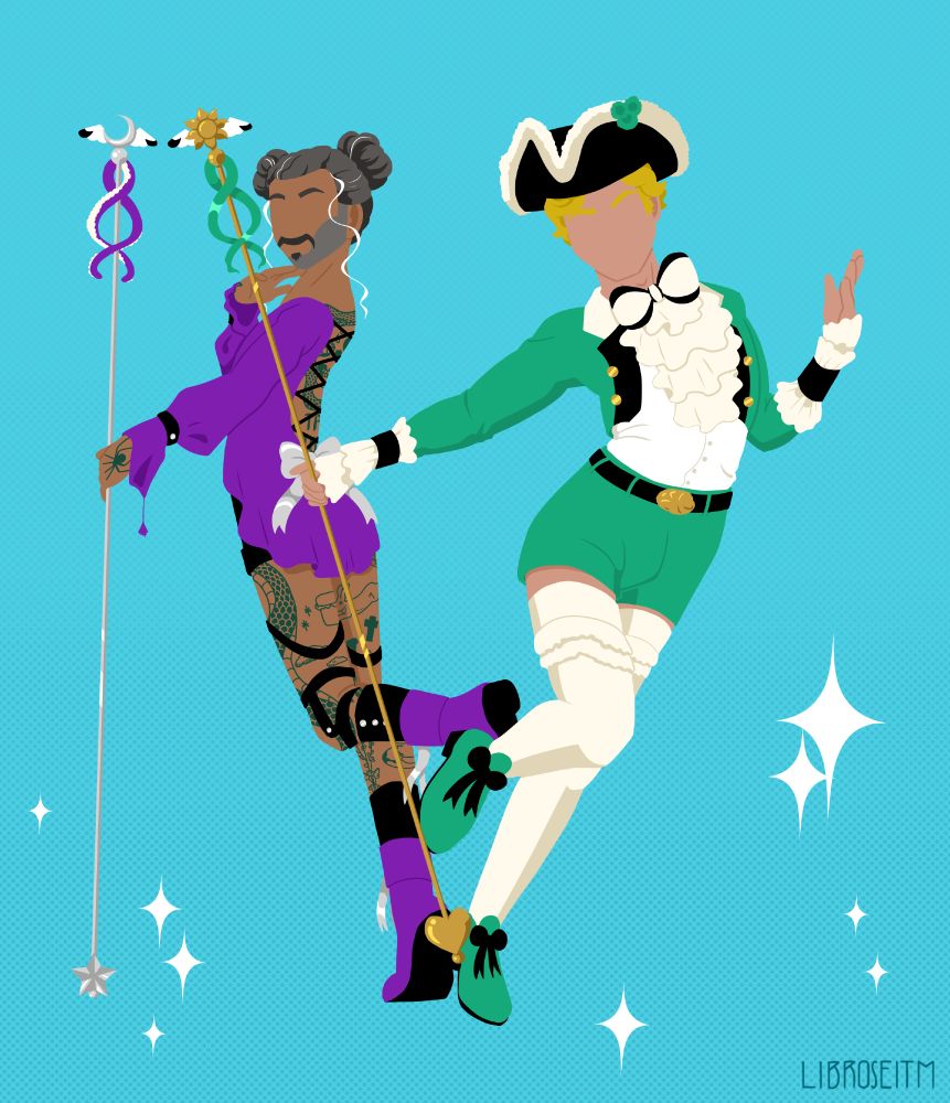 A digital painting of Ed and Stede from ofmd as magical girls. Theuboth jave long wands. They are dressed in their traditional colours of teal and purple