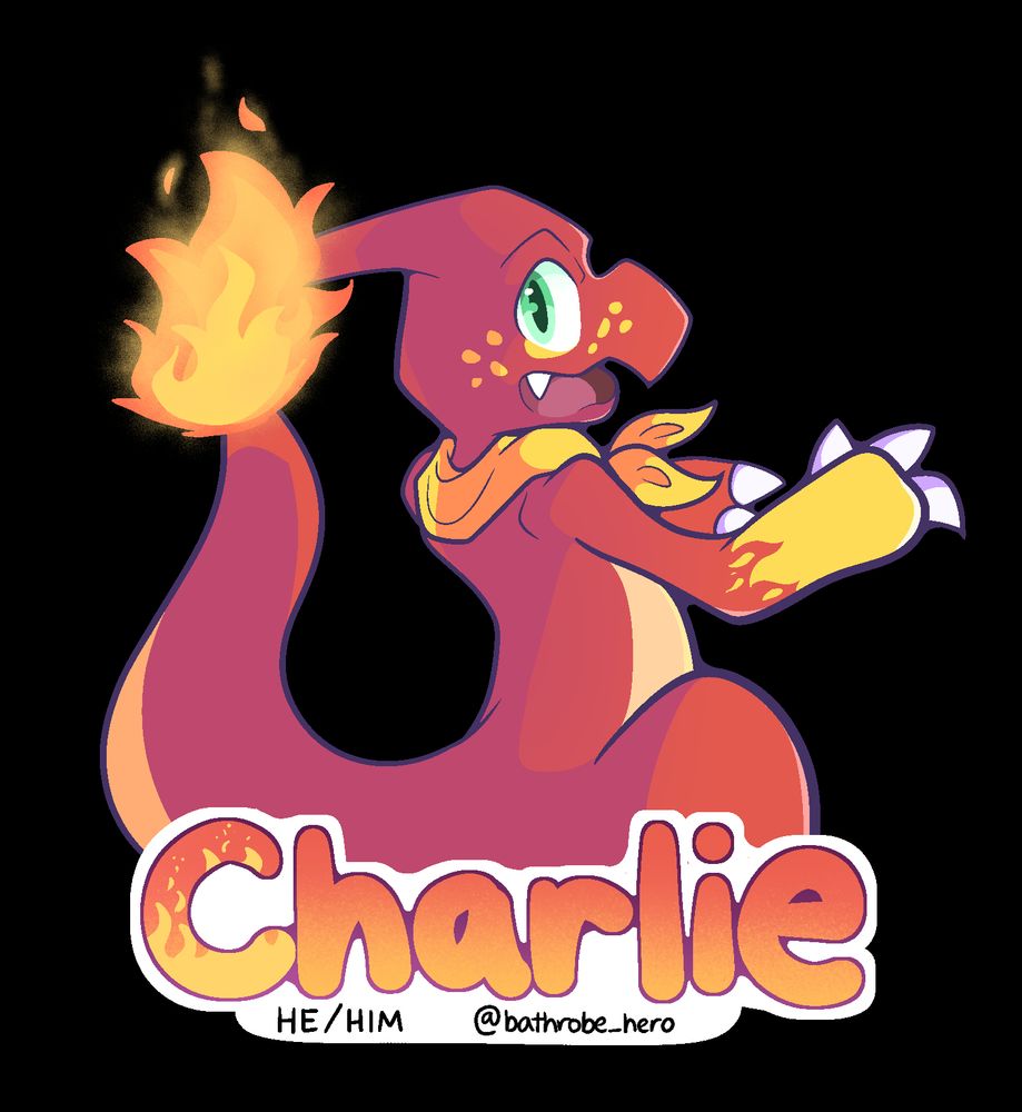 Charlie the charmeleon faceing to the side. He has flame like marking on his right arm and yellow spots under he eye. His name is in big letter under him