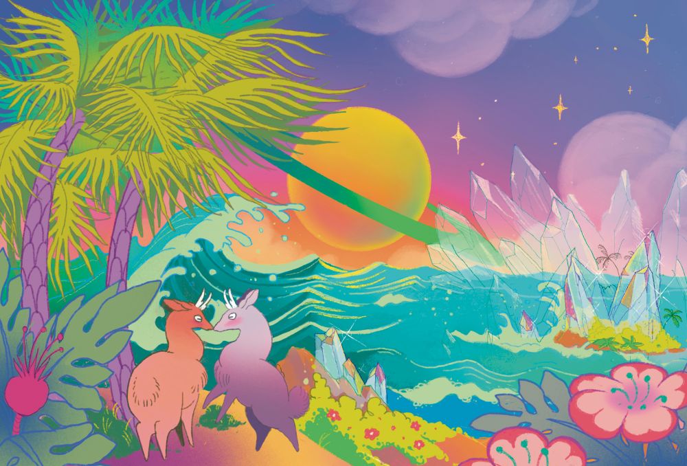 neon alien landscape, saturn setting over a stirring sea, palm trees swaying in the cosmic breeze, mythic flowers blooming under the scorpio constellation, crystals rising from the ocean floor, frolicking llama-like critters on the beach, in love