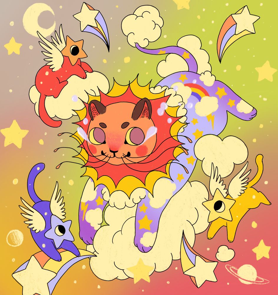 a cat with a mane of sunshine and a body made of blue sky and clouds leaps through a new multicolored universe, tears streaming from determined eyes, surrounded by shooting stars and 3 small curious four-legged creatures with angel wings and a single eye on a star-shaped head