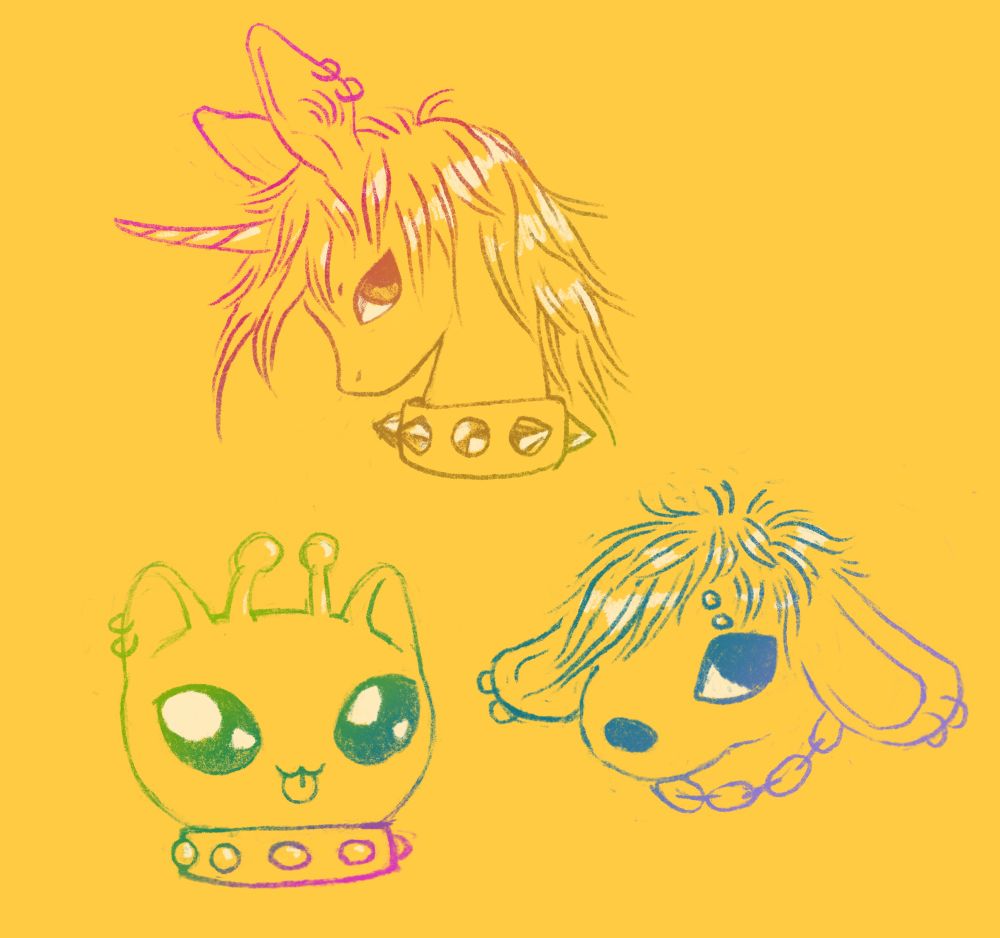 sketch of 3 gay bishōnen antihero furry characters with piercings. one is a unicorn wearing a heavy spiked collar and long feathered hair, another is an emo pup with a chain around its neck and the third is a silly alien cat with a studded collar and its tongue sticking out