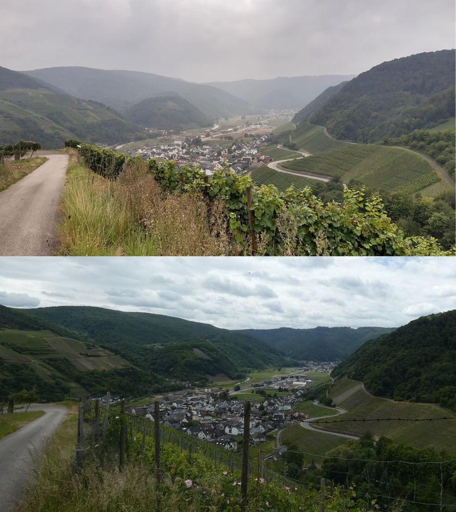 Vergleich Blick auf Dernau am 01-09-2021 und 27-05-2025