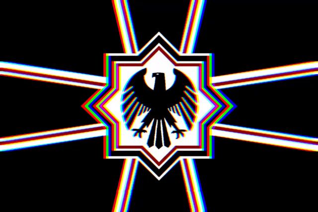 a black and white emblem with a bird in the center
