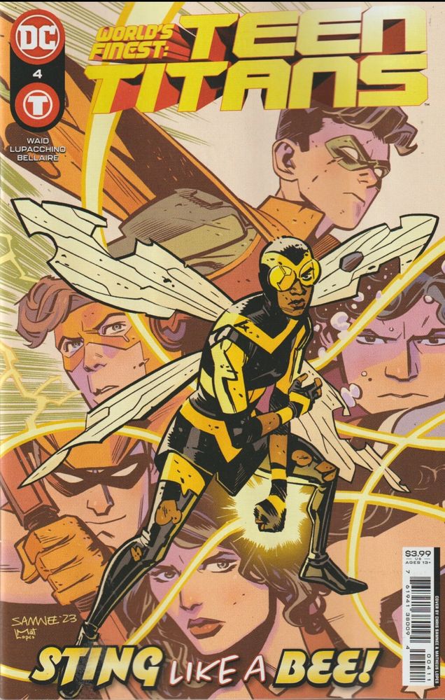 The superheroine Bumblebee is injured but stands defiantly, ready to fight a villain. The other Teen Titans' faces appear around her. This is a comic book cover.