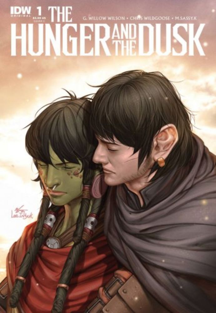 A male human in a tender embrace with an orc woman. It's the cover of the comic book 'The Hunger and The Dusk'