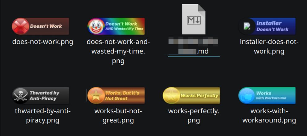 Folder containing various badge images that describe how well some software works, and a Markdown file with a censored filename