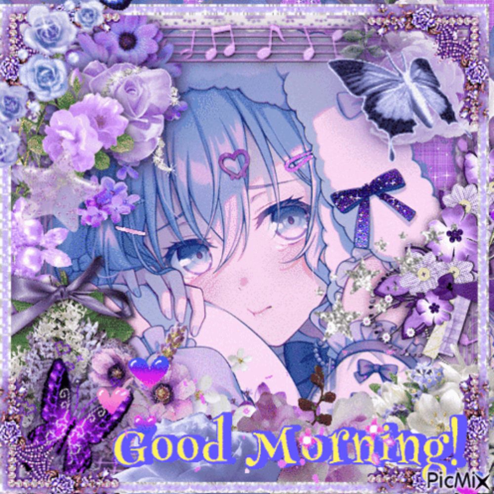 a picture of a girl surrounded by purple flowers with the words good morning