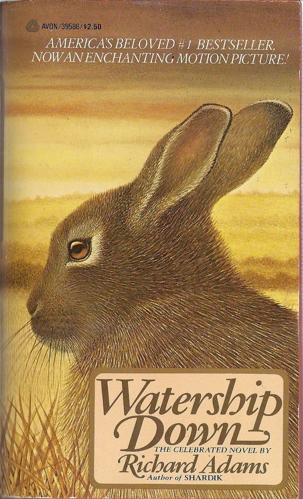 Image of Watership Down book cover. The author is Richard Adams. Cover shows a closeup image of a rabbit with golden fields in the background. 