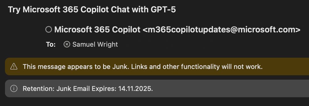 Screenshot of MS Outlook filing the email titled "Try Microsoft 365 Copilot Chat with GPT-5" as JUNK MAIL
