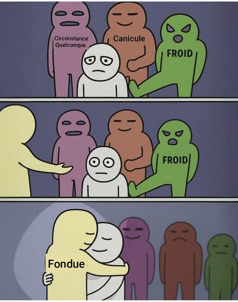 dessin d'un personnage triste entre trois méchants personnages (circonstance quelconque- canicule - froid) qui voit se présenter à lui un autre personnage de dos qui lui tend les bras. Et une fois enlassés, on découvre que ce nouveau personnage sympathique s'appelle "fondue".
Source Internet