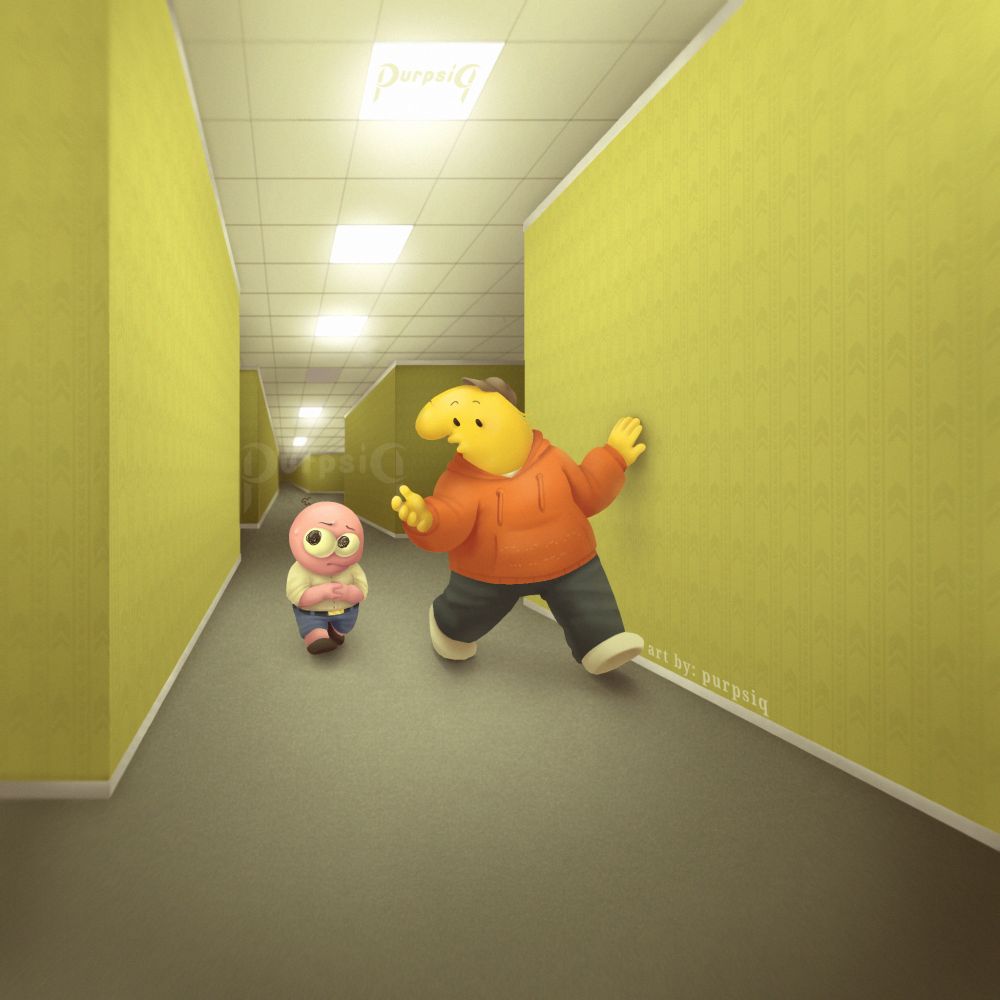 A Smiling Friends illustration
Charlie and Pim are in the center of the image walking next to eachother in a long corridor of The Backrooms, which has some ramifications.
Pim is on the left, cowering and looking around with a nervous expression, meanwhile Charlies, who's on the right, seems relaxed, looking at Pim while talking to him and touching the wall with his left hand