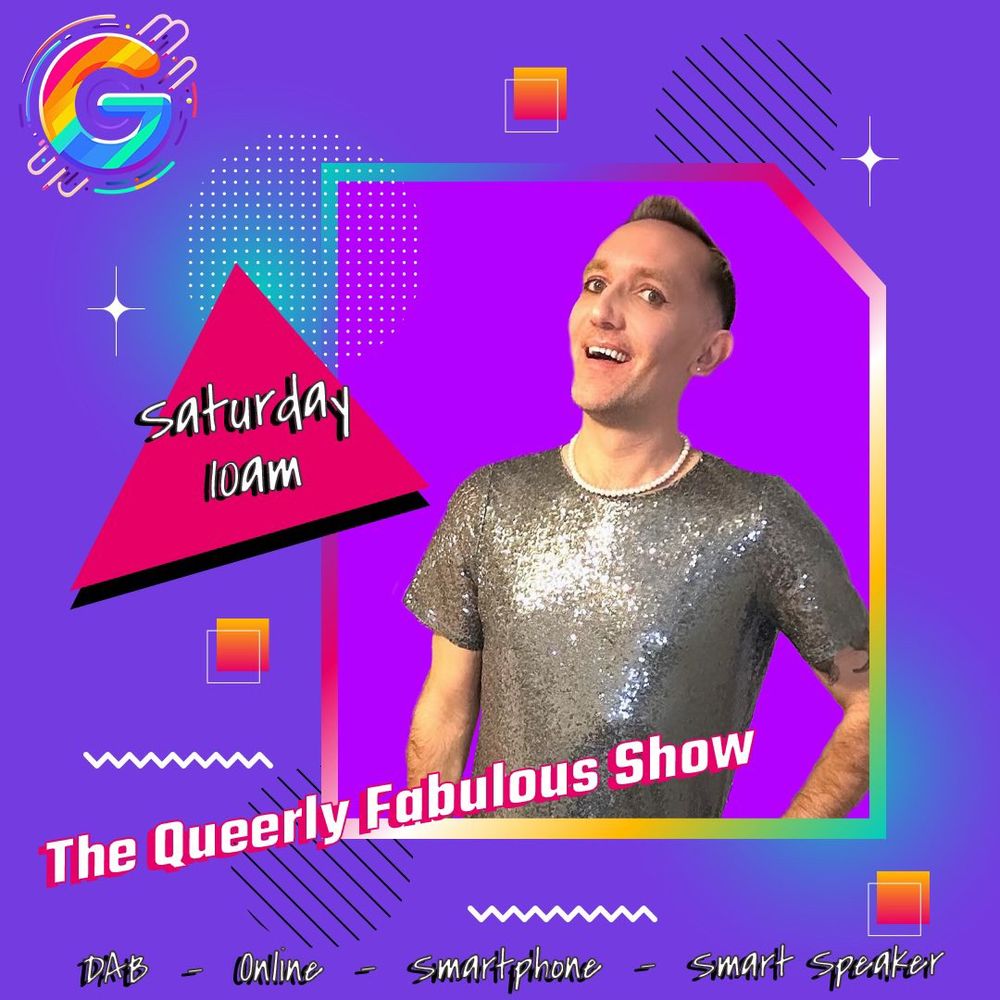 Purple promo image for The Queerly Fabulous Show on GlitterBeam Radio Saturday 10am. I’m wearing a silver sequin dress
