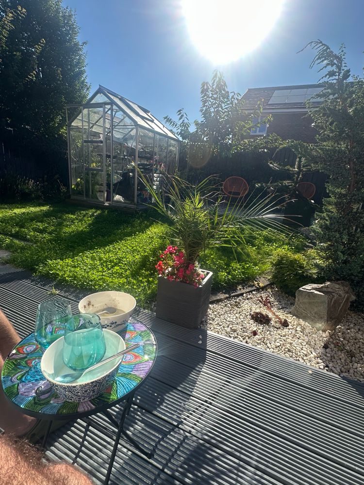 A sunny garden with a greenhouse. In the foreground is a small table with breakfast bowls and juice glasses