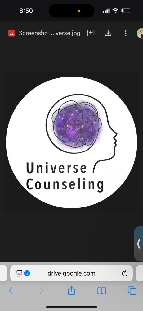 Original logo design, “universe counseling” with face silhouette and purple starry clouds inside head.