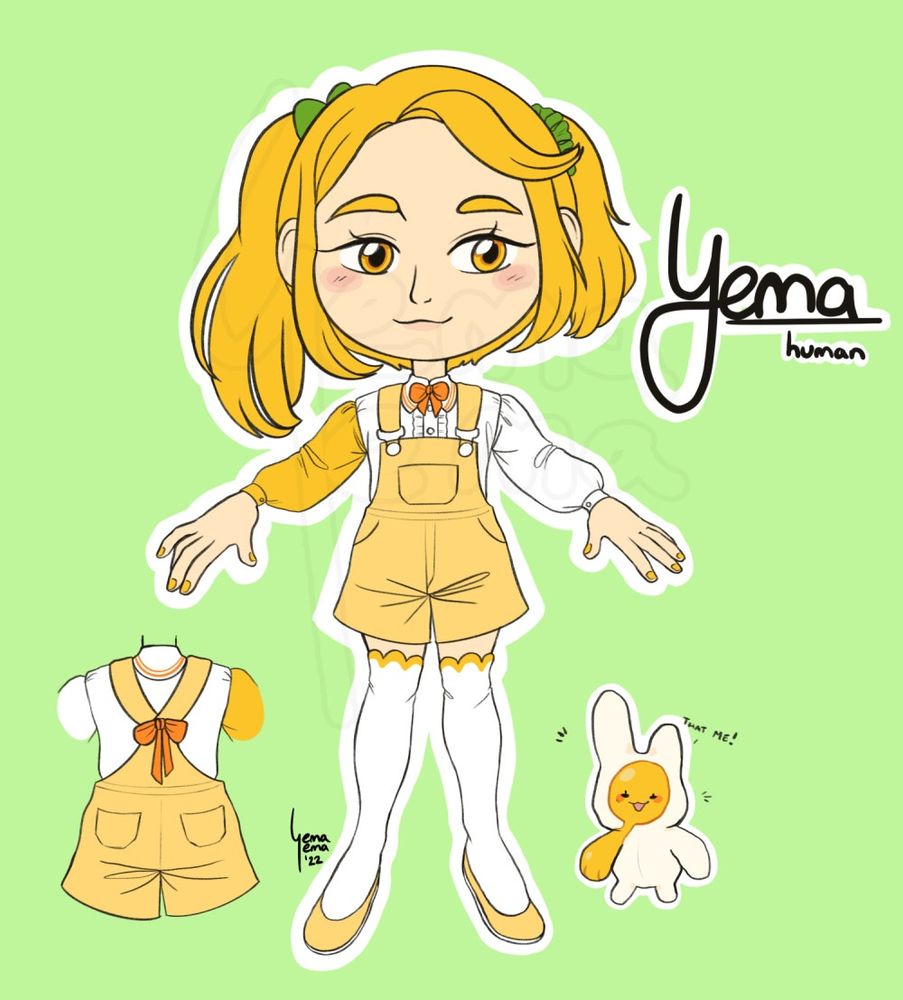 The more human version of my egg mascot, Yema. She is a young girl with lopsided, bright yellow pigtails: the left pigtail (her right) is longer than her right pigtail (her left). She has one swooping bang and yellow painted nails. Her outfit here is a white frilled blouse with loose sleeves, and the left sleeve is yellow. She wears overalls that are shorts and has long thigh-high white stockings and yellow flats. Her ribbon at her neck and at the back of her overalls is orange. She he orangey-yellow eyes and bushy eyebrows. 