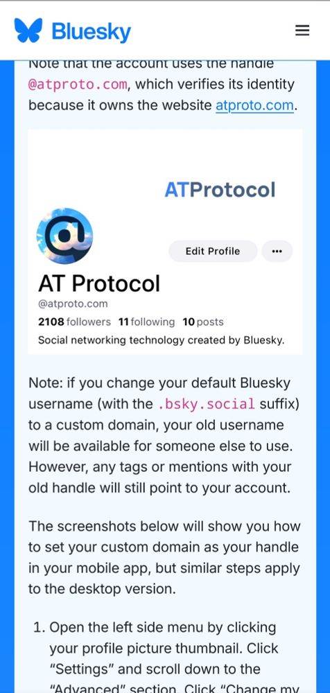 Screenshot from the bluesky blog post about domain handles, with the following text:

Note: if you change your default Bluesky username (with the .bsky.social suffix) to a custom domain, your old username will be available for someone else to use. However, any tags or mentions with your old handle will still point to your account.