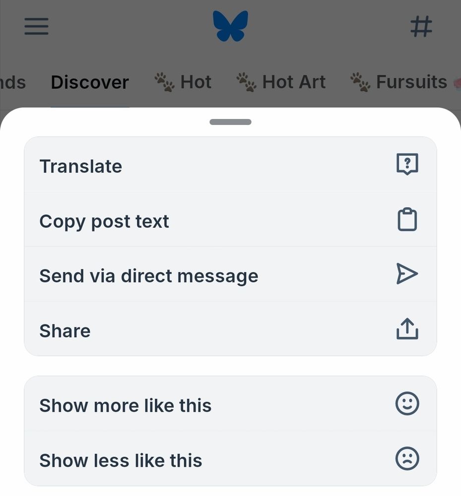Showing the options available in the triple dots menu on posts in the discover tab, including the "Show less like this" and "Show more like this" options