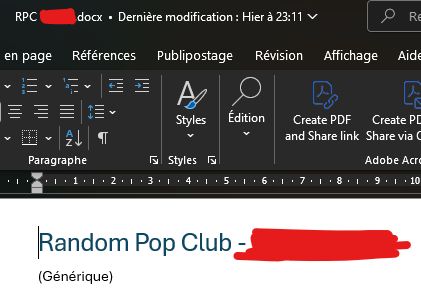 Une capture d'écran d'un logiciel de traitement de texte de type 'Mot' où l'on peut lire 'Random Pop Club' le sujet est habillement caché...