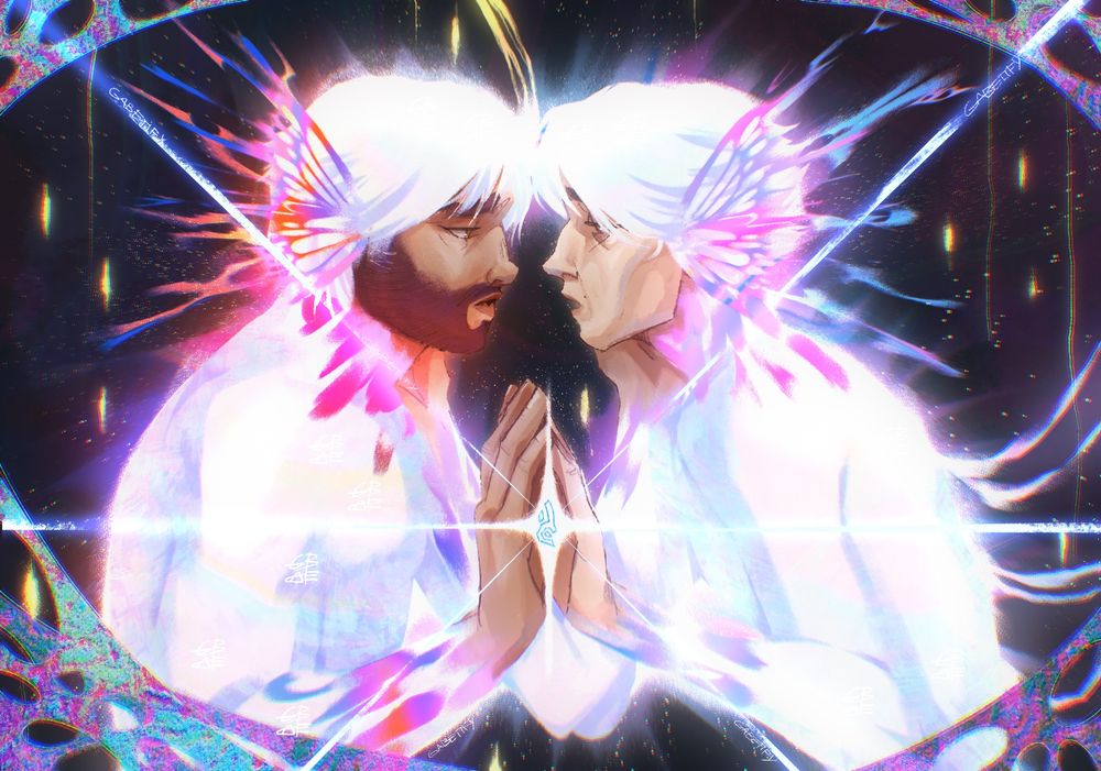 Fanart of the pairing Jayce and Viktor from Arcane, in their astral plane versions: bodies made of colorful light and energy. They are touching hands in a way to mimic the iconic pose from the Vocaloid song “Magnet”, complete with butterfly wings adorning their ears. In between their palms is the acceleration rune exploding into energy and their other hands are gently touching each other’s face. The light streaks from the rune explosion help make a heart shape with their hearts.