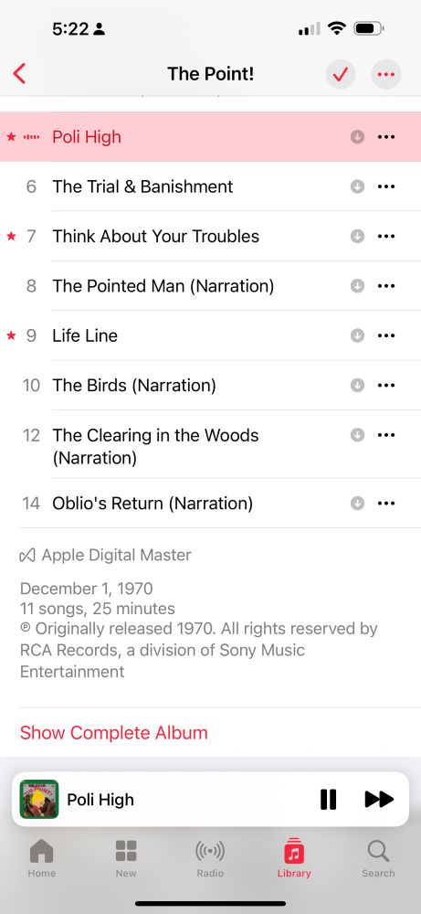 A screenshot of the The Point! in Apple Music. I've scrolled down, so the first song listed is #5 