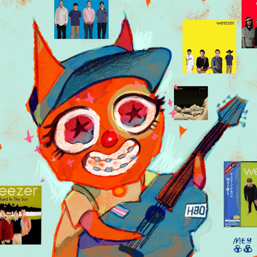 Webfishing character, a cat, playing a guitar. There are various weezer album posters in the background on the wall