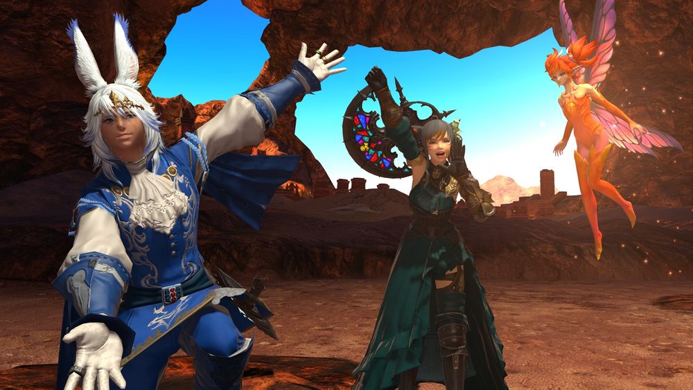 gpose of sirius, aella and feo ul. Siri is doing the show off emote to feo ul as they flutter next to them and aella is cheering in the background.