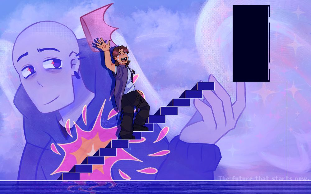 a digital artwork referencing the ending scene of the truman show, with me, the artist, walking along a wall up a flight of stairs towards a completely dark doorframe. the artist is waving towards the audience. in the backdrop, which is projected onto the entire wall and stairs, is the artists online persona, looking calmly at the artist. a multicoloured sparkle is emitting from the personas chest area. the bottom of the stairs is flooded with a liquid, into which the artists tears fall. the bottom right corner of the image reads "The future that starts now." 