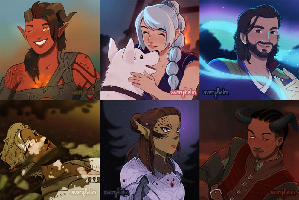 6 digital illustrations, featuring the main companion cast of Baldur's Gate III.