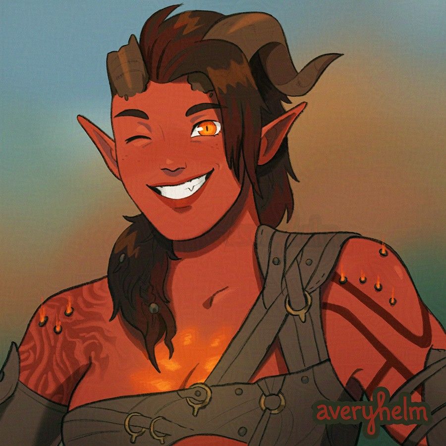 A digitally illustrated portrait of Karlach from Baldur's Gate 3. She's looking at the viewer and winking, a big smile across her face.