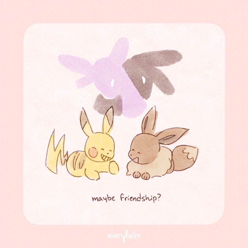 A single comic panel of the Pokémon Eevee sitting and laughing with a Pikachu. In the background are silhouettes of Espeon and Umbreon.

Text:
"Maybe friendship?"