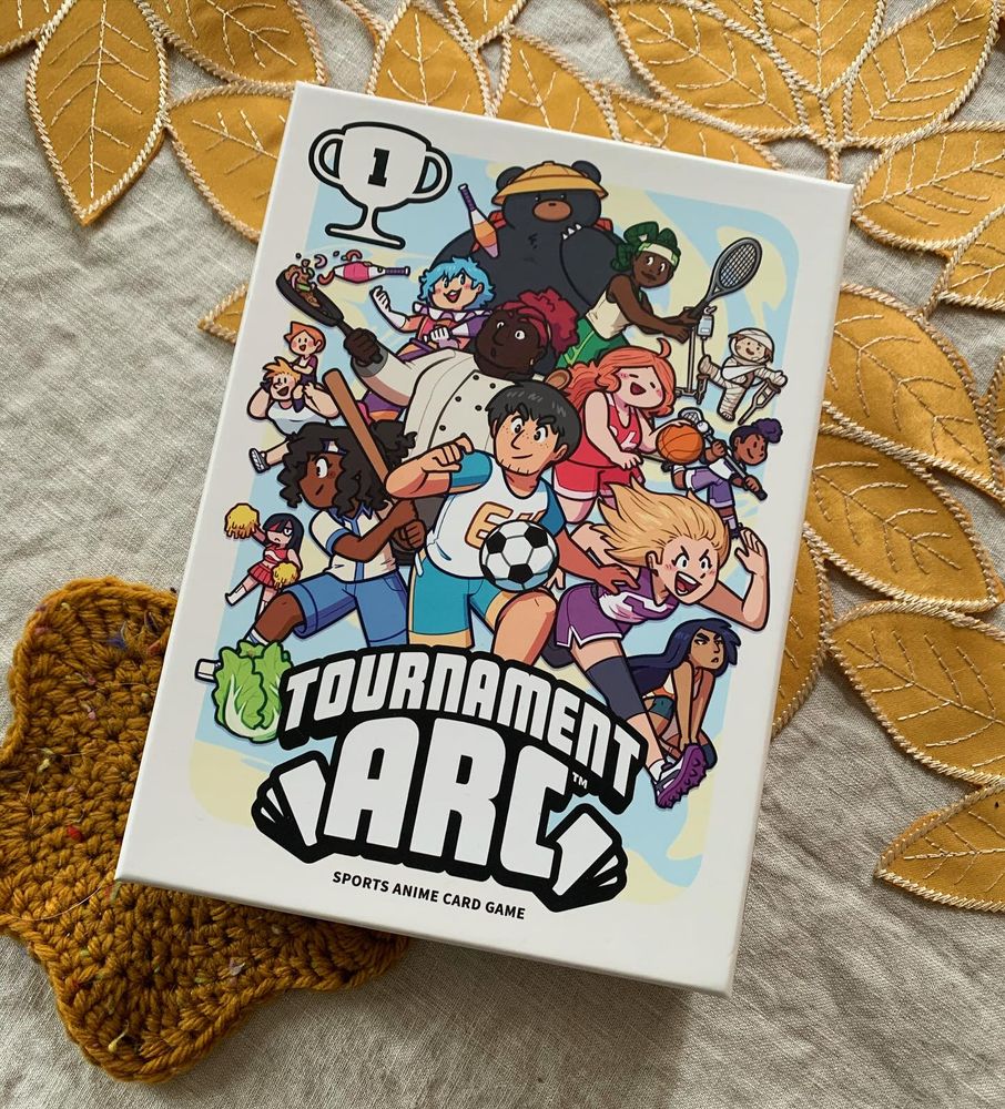 A photo of the box for Tournament Arc, a sports anime-inspired party card game. I did the logo and box design, Sky did the art!
