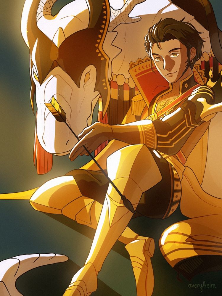 A digital illustration of Claude von Riegan from Fire Emblem Three Houses. He is in his barbarossa outfit posed sitting beside his dragon. They’re both glowing in a golden light.