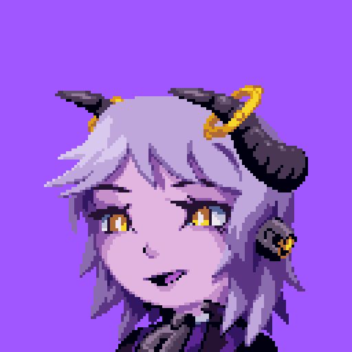 pixel art in the style of cave story of a purple-skinned alien cyborg that has yellow eyes, horns with yellow halos on them, and robotic ears with glowing yellow cores.