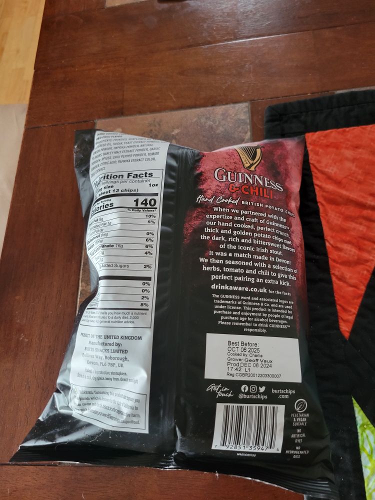 Back of the "Burts" Bag with ad and ingredients