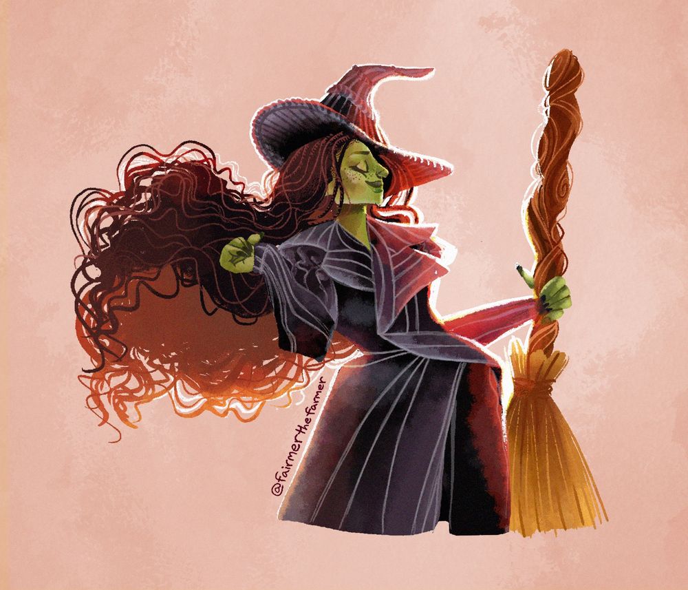 Illustration of Elphaba in an outfit from Wicked:For good holding her broom and tossing her hair with confidence