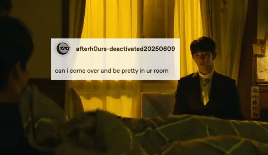Ruan Lanzhu (Ruan Nanzhu) in The Spirealm staring at Ling Jiushi (Lin Qiushi) while he sleeps, overlaid with a Tumblr post that says, "can I come over aned be pretty in ur room"