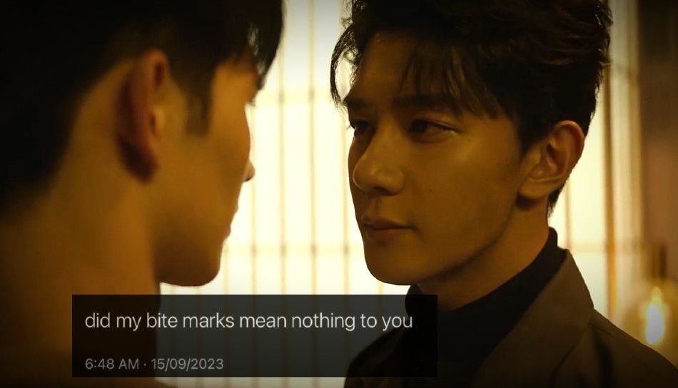 Ruan Lanzhu (Ruan Nanzhu) in The Spirealm staring intensely at Ling Jiushi (Lin Qiushi) , overlaid with a Tumblr post that says, "did my bite marks mean nothing to you"