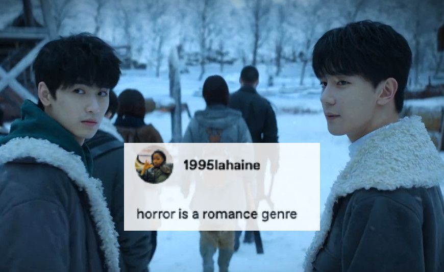 Ling Jiushi (Lin Qiushi) and Ruan Lanzhu (Ruan Nanzhu) in The Spirealm overlaid with a Tumblr post that says, "horror is a romance genre"