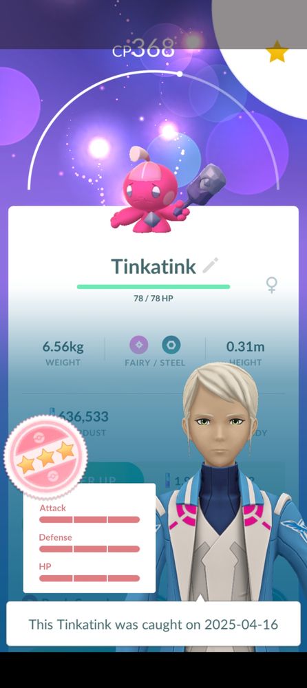 A captured Tinkatink in Pokémon GO!. Shows perfect IV's
