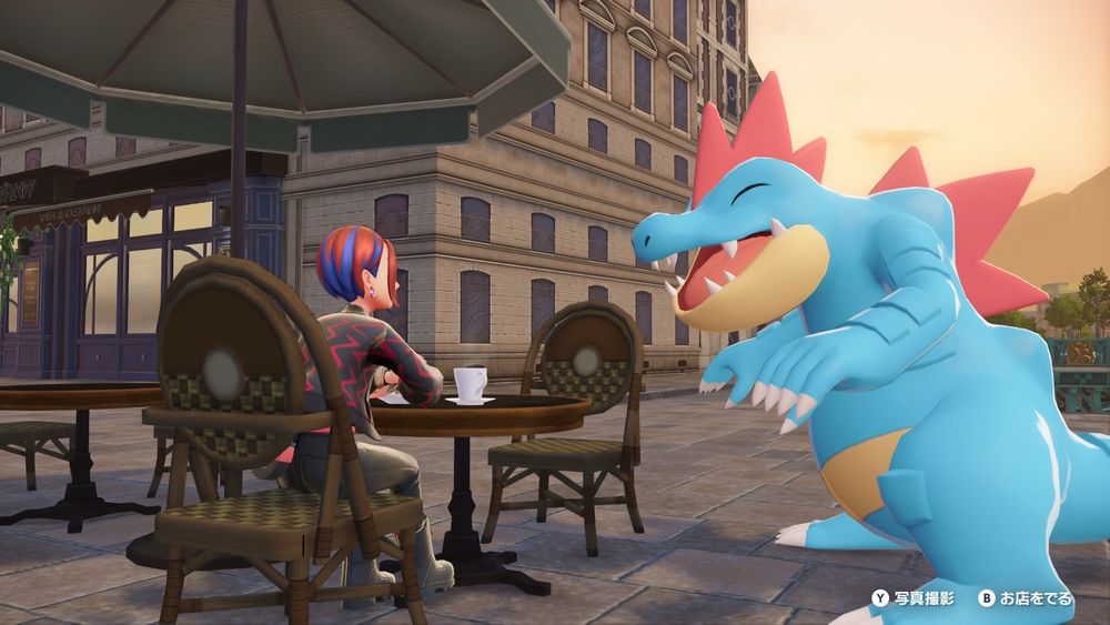 ポケットモンスターレジェンズZAのスクリーンショット
フランス風のカフェで、女主人公とオーダイルが休んでいる姿。
オーダイルはにっこり笑顔でかわいい。