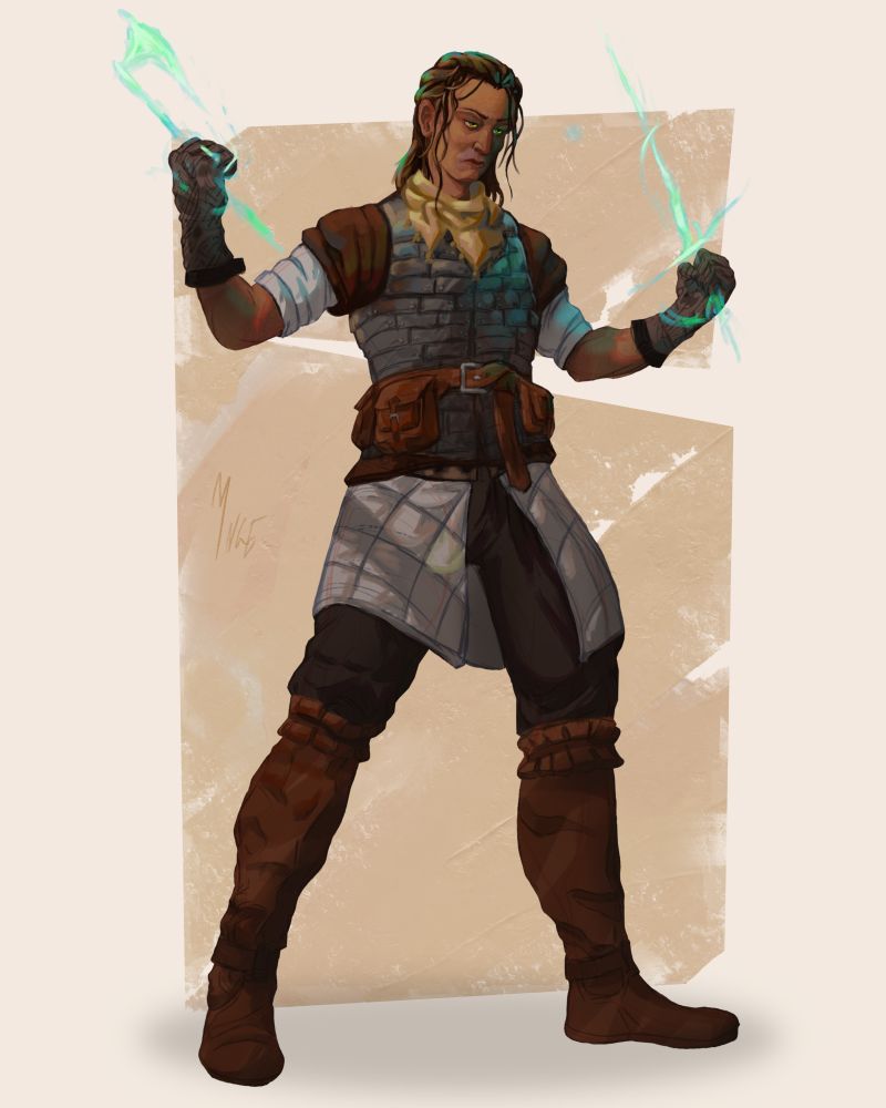 A non-binary warrior with rugged clothes and armor, wielding weapons of magical energy.