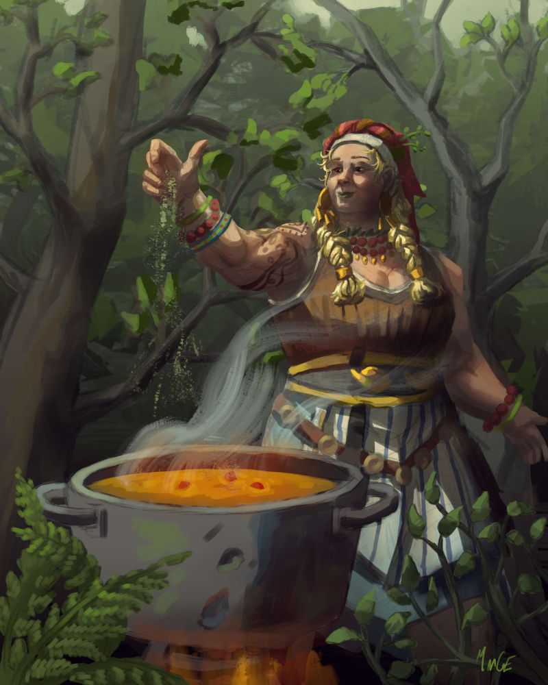 A woman in a humble fantasy dress and read head scarf cooking in a forest.